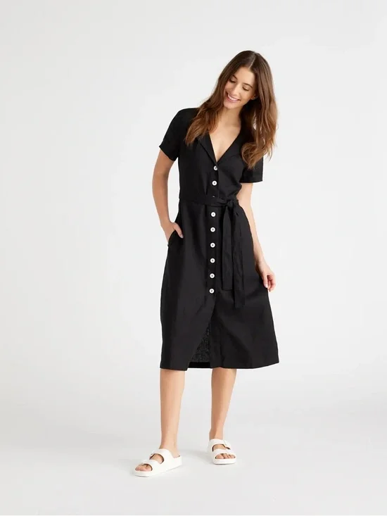 Quince 100% Linen Black Shirt Dress XL | Button Front Tie Waist 25253 - Picture 3 of 16